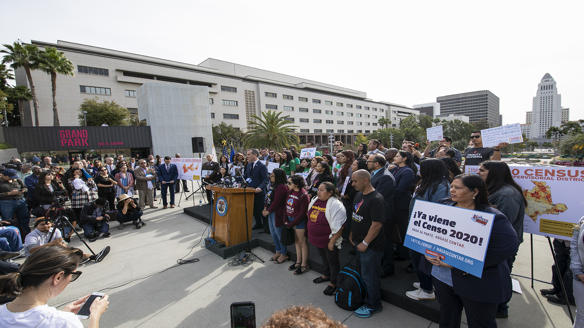 Mayor Garcetti with a crowd of people at Census news conference event.