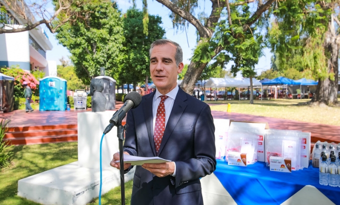 Mayor Garcetti at COVID-19 press event.