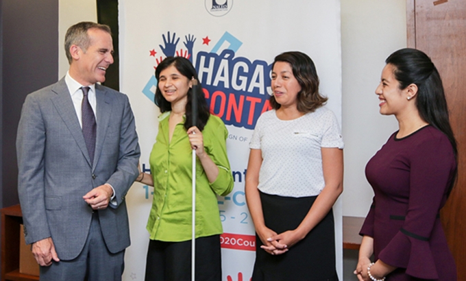 Mayor at NALEO phone bank promo day.