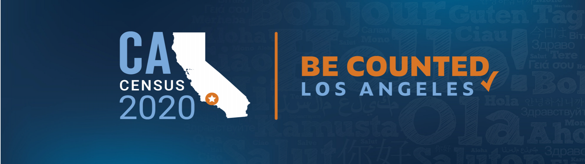 Logo Bản đồ California với nội dung Chương trình Điều tra Dân số Năm 2020 được thống kê trên toàn Thành phố Los Angeles.