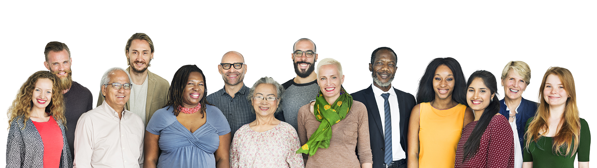 Pancarta de un grupo diverso de personas sonriendo.